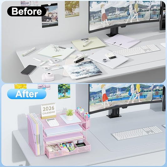 gianotter Desk Organizers and Accessories with File Holder, 4-Tier Desk Accessories & Workspace Organizers with Drawer and 2 Pen Holder, Paper Organizer for Office Supplies (Pink)