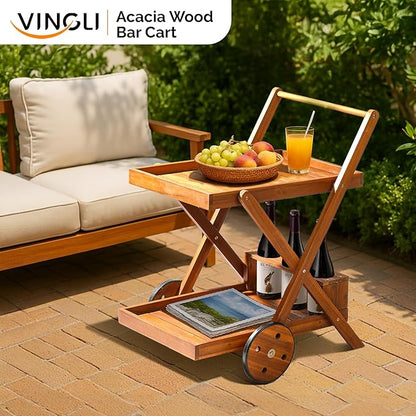 VINGLI 2-Tier Acacia Wood Bar Cart, Rolling Bar Carts with Wheels, Kitchen Serving Tea Cart for Plant Stand Indoor and Outdoor