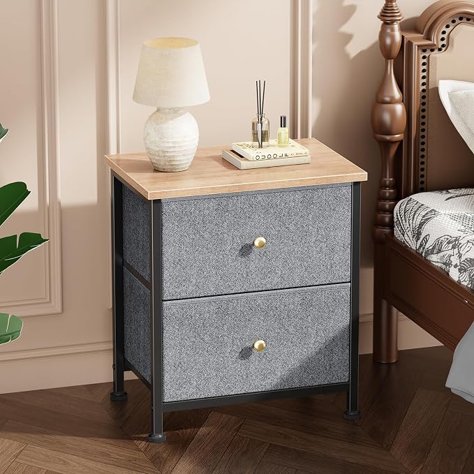 DUMOS Nightstand Small Dresser with 2 Fabric Drawers Side Tables Bedroom End Table Kids Bedside Storage Furniture for 20 inch Tall Night Stand for Closet, Entryway, College Dorm, Blue 2Pack