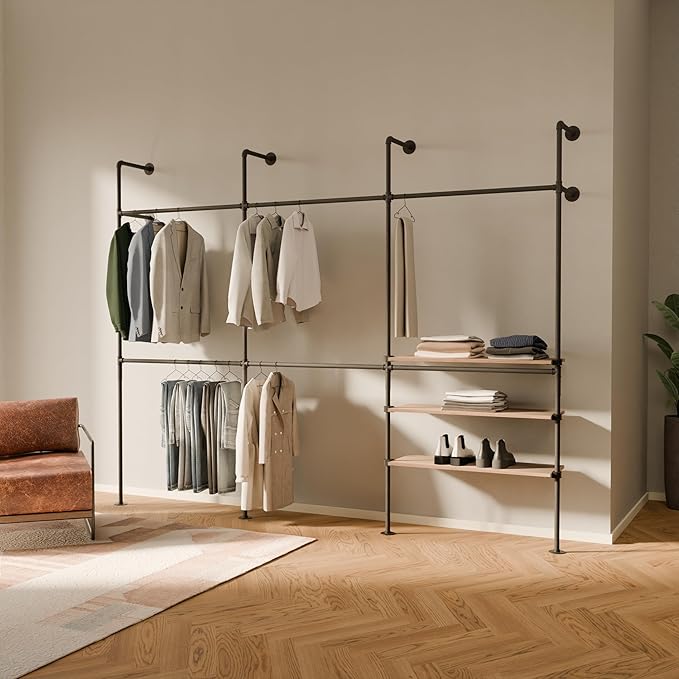 pamo Industrial Pipe Clothing Rack with Shelf – Wall Mounted Black Closet System in Powder-Coated Steel – 116.54" W × 87.4" H – Easy Setup – Ideal for Walk-In Closets & Retail Use