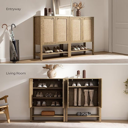 SICOTAS Rattan Shoe Cabinet with Storage - 5 Tier Farmhouse Boho Shoe Organizer Storage Cabinet with Shelves & Doors, Tall Shoe Rack Cabinet for Entryway, Living Room, Closet (Carbon Cherry)