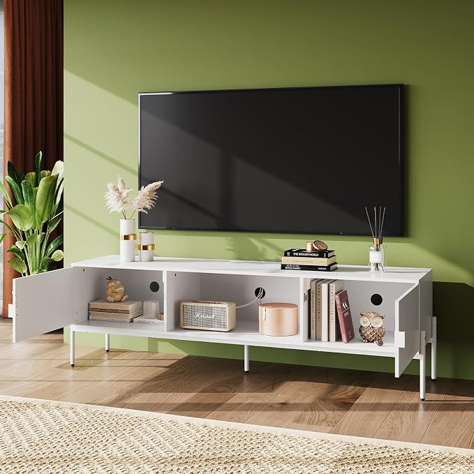 WLIVE 58" TV Stand for 65 Inch TVs, Mid Century Modern Entertainment Center with 2 Storage Cabinets & Open Shelf, Media Console Table with Metal Legs for Living Room, Bedroom, White