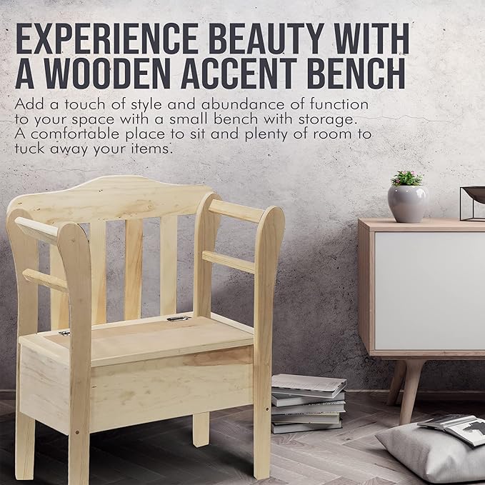 Peaceful Classics Bench with Storage - Small Wooden Storage Bench for Entryway, Hallway, Mudroom, Farmhouse, Bedroom, & Living Room, Amish Handmade Furniture Storage Organizer, Unfinished