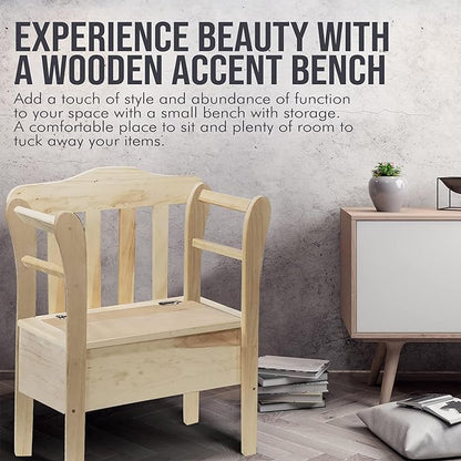 Peaceful Classics Bench with Storage - Small Wooden Storage Bench for Entryway, Hallway, Mudroom, Farmhouse, Bedroom, & Living Room, Amish Handmade Furniture Storage Organizer, Unfinished