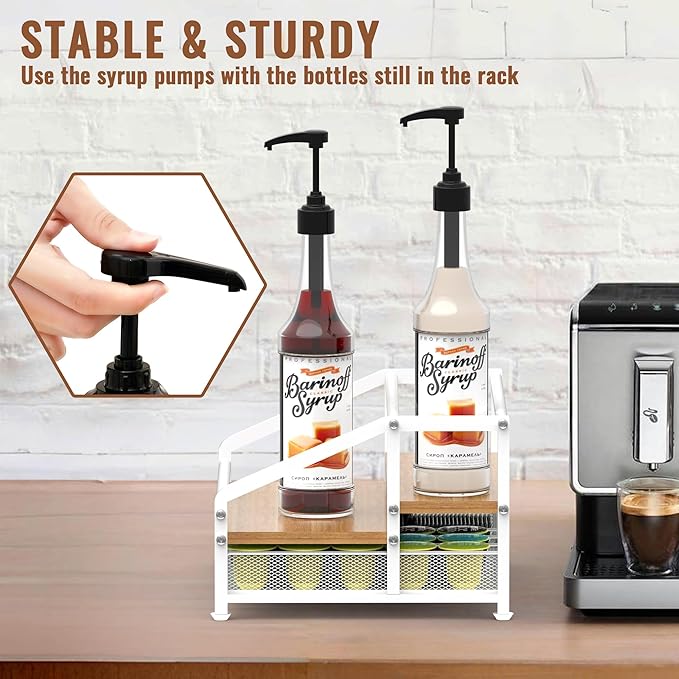 Alyoen Coffee Syrup Organizer Rack, 3-Tier Coffee Station Organizer for Countertop, Coffee Bar Organizer with 35K Cup Storage Basket, Coffee Syrup Holder Stand for Coffee Bar Accessory - White