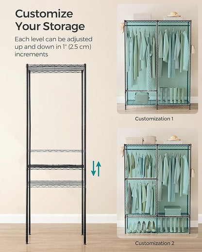 SONGMICS Clothes Rack, Freestanding Wardrobe Closet, Metal Clothing Racks, Heavy-Duty Garment Rack with Adjustable Shelves, Hanging Rods, Dividable, 15.8 x 47.2 x 70.9 Inches, Ink Black ULGR423B01
