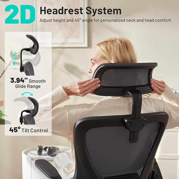 Office Chair - Ergonomic Desk Chair Breathable Mesh Chair with 2D Headrest & Adjustable Lumbar Support - Executive High Back Rolling Swivel Computer Gaming Chair with Wheels Flip-up Armrests