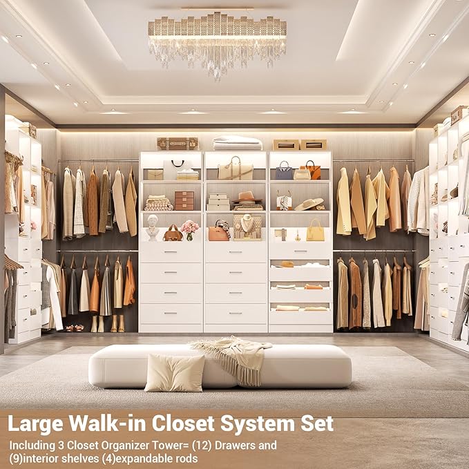 Aheaplus Closet System with 12 Drawers, 8.5-11.5Ft Wood Closet Organizer System with 4 Hanging Rods & 3 Towers, 4Ft & 6Ft L-Shaped Walk-in Closets Wardrobe Organizer Clothes Rack, Set of 3, White1