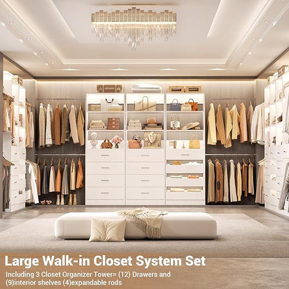 Aheaplus Closet System with 12 Drawers, 8.5-11.5Ft Wood Closet Organizer System with 4 Hanging Rods & 3 Towers, 4Ft & 6Ft L-Shaped Walk-in Closets Wardrobe Organizer Clothes Rack, Set of 3, White1