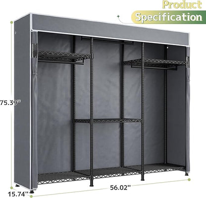 Raybee Clothes Rack with Cover, Clothing Racks for Hanging Clothes with Adjustble Shelves,Portable Closet 15.74''D x 56.02''W x 75.4''H Hold 800LBS for Bedroom, Apaertment, Dorm, Space Saving, Grey