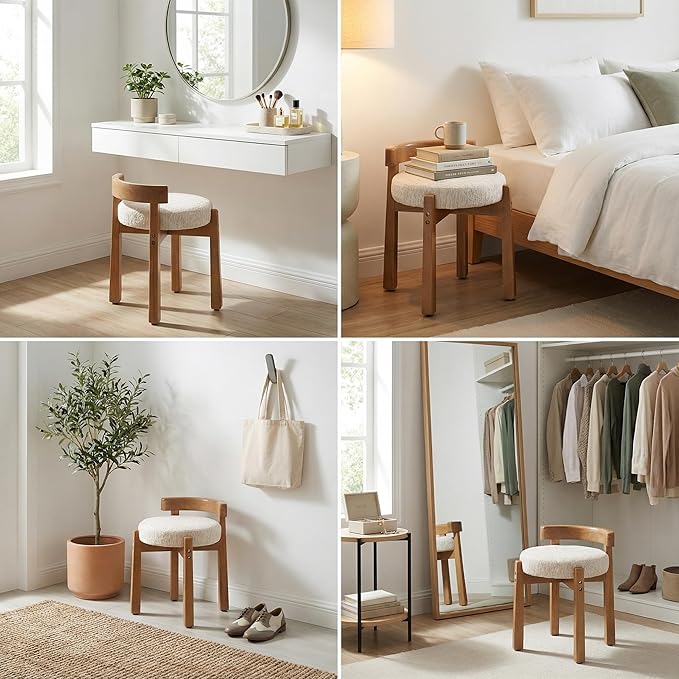 HNY Modern Chenille Vanity Stool & Ottoman Set of 2 Upholstered Round Seat with Solid Wood Legs, for Makeup Dressing, Living Room Footrest or Piano Bench, Beige