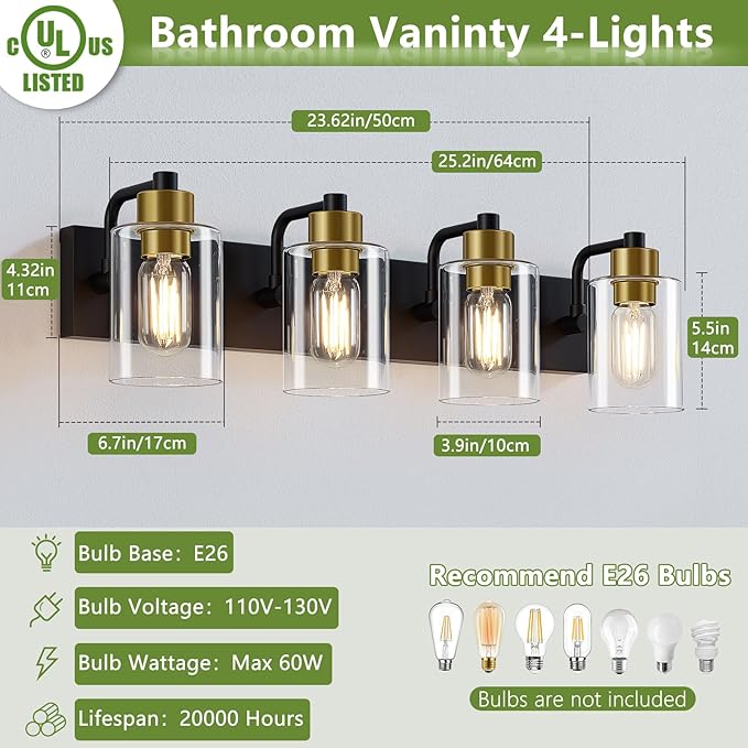 Bathroom Light Fixtures,Matte Black and Gold 4-Light Bathroom Lights with Clear Glass Shade,Modern Wall Sconces Over Mirror for Bathroom
