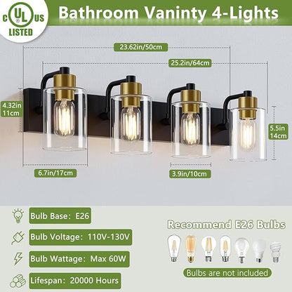 Bathroom Light Fixtures,Matte Black and Gold 4-Light Bathroom Lights with Clear Glass Shade,Modern Wall Sconces Over Mirror for Bathroom