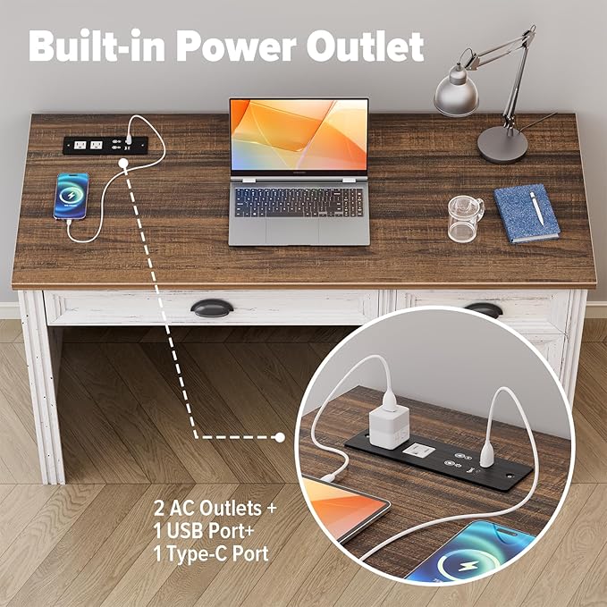 FREDEES Farmhouse Computer Desk with Monitor Stand, 47 in Home Office Desk with LED & Power Outlets, Executive Desk with Drawers for Working Gaming, Writing Table for Bedroom, Antique White