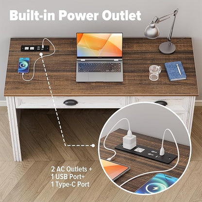 FREDEES Farmhouse Computer Desk with Monitor Stand, 47 in Home Office Desk with LED & Power Outlets, Executive Desk with Drawers for Working Gaming, Writing Table for Bedroom, Antique White