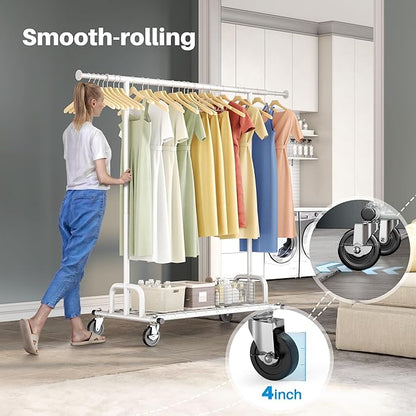 HOKEEPER Clothes Rack Collapsible Clothing Garment Rack Capacity 525LBS Clothing Racks on Wheels Heavy Duty Rolling Clothes Rack for Hanging Clothes for bedroom, Commercial, White 22"D x 75"W x 71"H