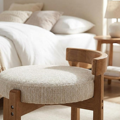 HNY Modern Chenille Vanity Stool & Ottoman Set of 2 Upholstered Round Seat with Solid Wood Legs, for Makeup Dressing, Living Room Footrest or Piano Bench, Beige