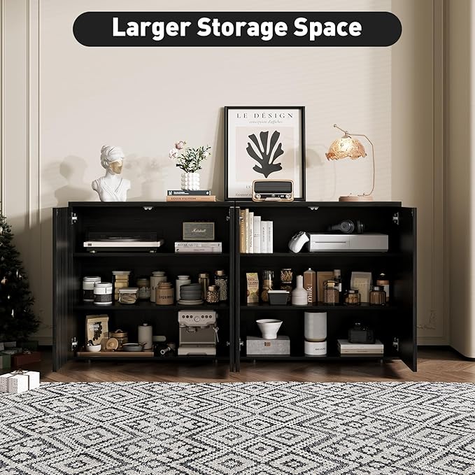 Rophefx Fluted Sideboard Cabinet, 63" Buffet Cabinet with Storage, Credenza Storage Cabinets with Adjustable Shelf, Wood Entryway Cabinets with Pop-up Doors for Living Room, Entryway, Black Grey