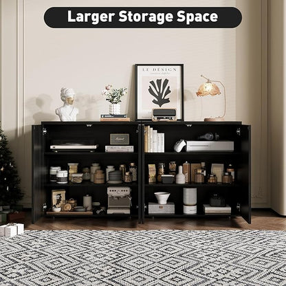 Rophefx Fluted Sideboard Cabinet, 63" Buffet Cabinet with Storage, Credenza Storage Cabinets with Adjustable Shelf, Wood Entryway Cabinets with Pop-up Doors for Living Room, Entryway, Black Grey