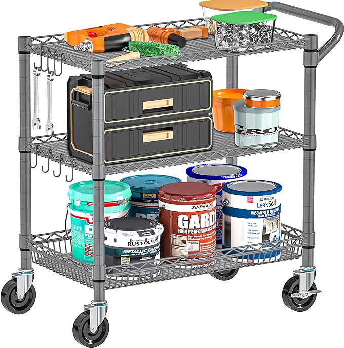Folews Rolling Cart with Wheels, Heavy Duty 3 Tier Metal Utility Cart 990lbs Capacity, Multi-Purpose Wire Rolling Storage Trolley for Kitchen Garage Office Commercial Use, Gray