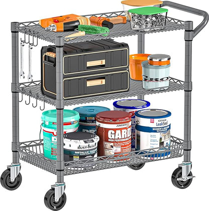 Folews Rolling Cart with Wheels, Heavy Duty 3 Tier Metal Utility Cart 990lbs Capacity, Multi-Purpose Wire Rolling Storage Trolley for Kitchen Garage Office Commercial Use, Gray