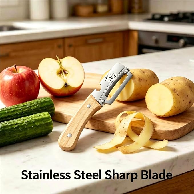 2-in-1 Vegetable Peeler with Built-in Bottle Opener, Sharp Stainless Steel Potato & Fruit Peeler, Ergonomic Wooden Handle Kitchen Gadget for Home, BBQ, Camping