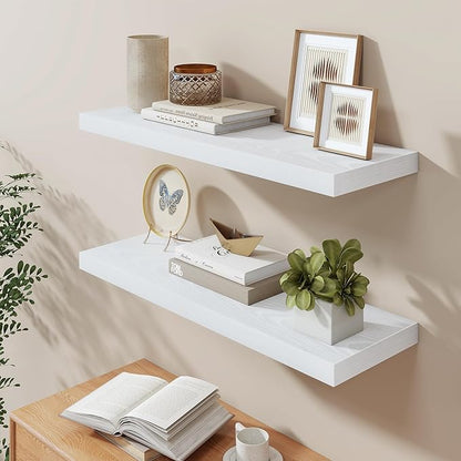 Fun Memories White Floating Shelves 36 Inch Long, 9.3 Inch Deep Floating Shelf 2 Pack for Wall Bathroom, Living Room, Kitchen, Large Long Wall Shelves with Heavy-Duty Bracket for Books Decor