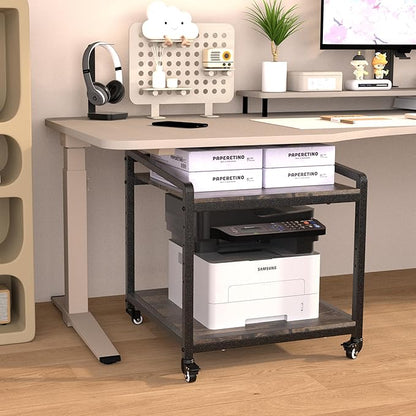 TRUSOON Mobile Printer Stand with Lockable Wheels, 2 Tier Rolling Printer Cart Under Desk with Adjustable Shelf, 23" Hight, Holds up to 200lbs for Home & Office, Rustic Brown