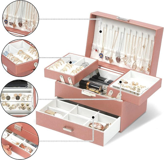 Dajasan Jewelry Organizer Box, Large Jewelry Boxes for Women Girls, Space-Saving 3 Layers Jewelry Storage Case with Drawer, Movable Metal Stand, Modern, Gift Idea (Champagne)