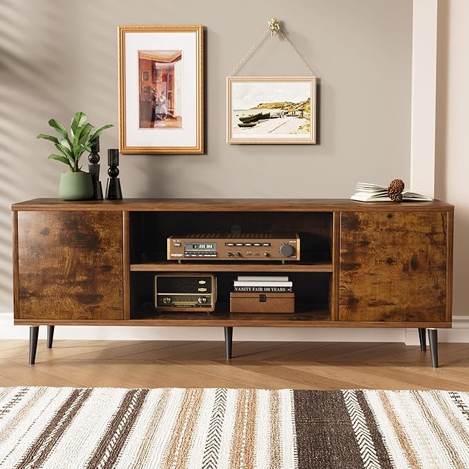 JUMMICO TV Stand for 65 Inch TV, Mid Century Modern TV Stand, Entertainment Center with Storage Cabinet and Open Shelves, TV Console Table Media Cabinet for Living Room, and Bedroom (Rustic Brown)