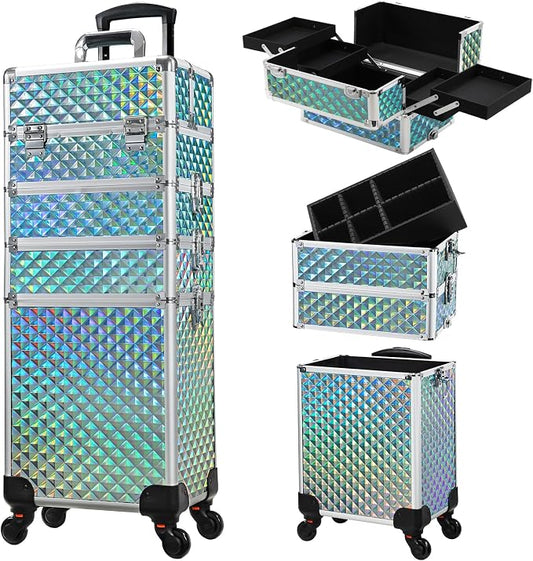 Stagiant Rolling Makeup Case Cosmetology Case on Wheels 4 in 1 Makeup Travel Case Large Cosmetic Organizer Storage with Key Swivel Wheels Nail Artist Salon Traveling Cart Trunk Watery Blue