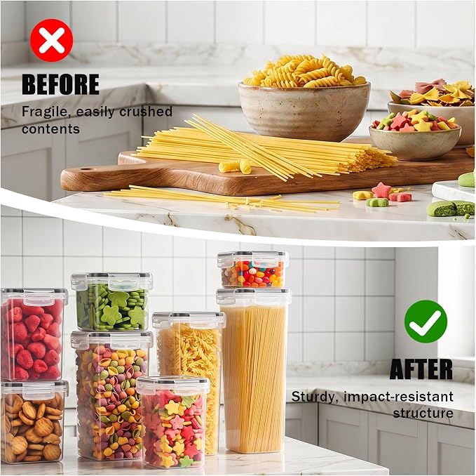 7 PCS Airtight Food Storage Containers with Lids, BPA Free Clear Plastic Kitchen and Pantry Organization and Storage Set for Flour, Sugar, Cereal, Pasta, Includes 7 Labels and Marker