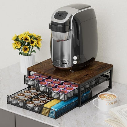 Coffee Pod Holder For Counter, 3 Pull-Out 72 K-Cup Holder Drawer, Wooden Cafe Pods Storage Organizer with Sliding Drawers for Coffee Station, Home, Kitchen, Office, Dorm (Antique Finish)
