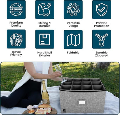 General Use Wine Glass Storage, Holds 12 Stemware Glasses, Stackable, Fully-Padded Inside with Hard Top and Sides (Grey)