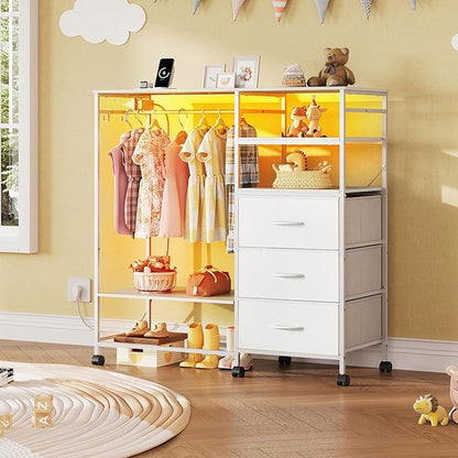 WLIVE White Dresser with Hanging Rack for Bedroom, 3 Drawer Dresser with LED Lights & Charging Station, Fabric Dressers & Chest of Drawers, Storage Organizer with Open Shelves for Living Room