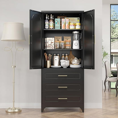 Metal Kitchen Pantry Storage Cabinet with 3 Drawers，75 Inch Black Food Pantry Cabinets for Kitchen Storage with 2 Adjustable Shelves,Tall Storage Cupboard for Living Room,Dining Room Office