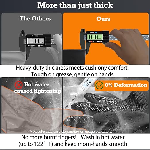 Heavy-Duty Thick Black Rubber Cleaning Gloves, 1 Pair, XL | Reusable & waterproof black/orange dual layers. Non-slip design for dishwashing, kitchen cleaning, and auto care.