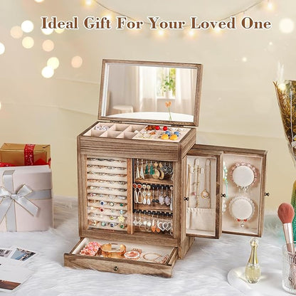 Honiway Jewelry Box for Women, 5 Layer Rustic Wooden Jewelry Organizer with Glass Window, 4 Drawers, Mirror, Large Jewelry Storage Display for Earrings Rings Necklaces Bracelets (Rustic Brown)