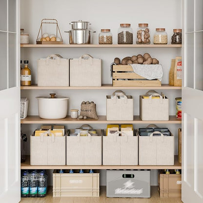 StorageWorks Storage Bins, Fabric Storage Bins for Shelves, Storage Baskets with Metal Frame, Closet Baskets and Bins with Handles, Khaki and Beige Stripes, 2-Pack