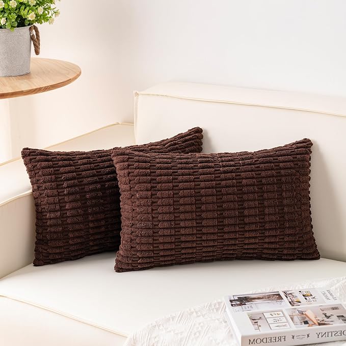 Aegero Pack of 2 Corduroy Decorative Throw Pillow Covers 12x20 InchSoft Boho Striped Pillow Covers Modern Farmhouse Home Decor for Sofa Living Room Couch Bed（Dark Brown）