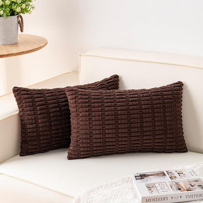 Aegero Pack of 2 Corduroy Decorative Throw Pillow Covers 12x20 InchSoft Boho Striped Pillow Covers Modern Farmhouse Home Decor for Sofa Living Room Couch Bed（Dark Brown）