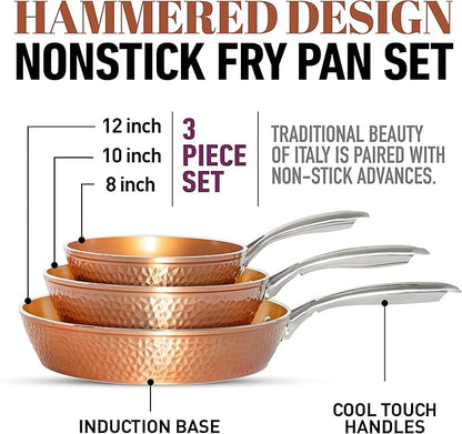 Gotham Steel Hammered Frying Pan Set, 3 Piece Nonstick Copper Fry Pans, 8”, 10” & 12” Skillet, Omelet Pan, Cookware, PFOA Free, Dishwasher Safe, Cool Touch Handle