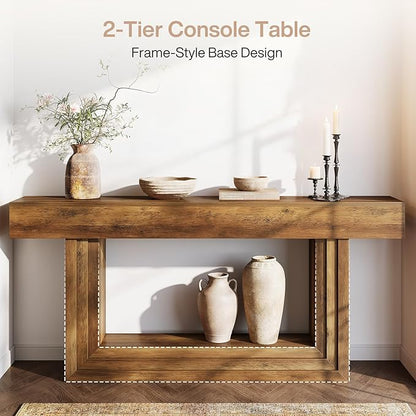 Tribesigns 63" Narrow Console Table, 2-Tier Long Entryway Table with Framed Base, Farnhouse Console Behind Couch for Living Room Hallway, Brown