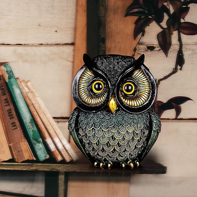 Artpaul Owl Statue Home Decor - Small Figurines for Shelves, Office, Living Room - Decorations and Gifts for Owl Lovers (Black-Green)