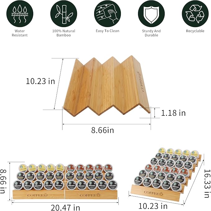 MinBoo Bamboo 2-Piece Step-Shaped K-Cup Holder Drawer or Countertop Organizer for Coffee Station - Holds 30 Coffee Pods