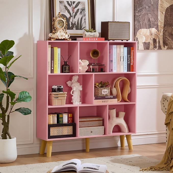 LEYAOYAO 8 Cube Bookshelf,3 Tier Bookcase with Legs,Light Pink Mid-Century Modern Bookshelves,Large Open Storage Organizer Shelf, Wooden Book Case