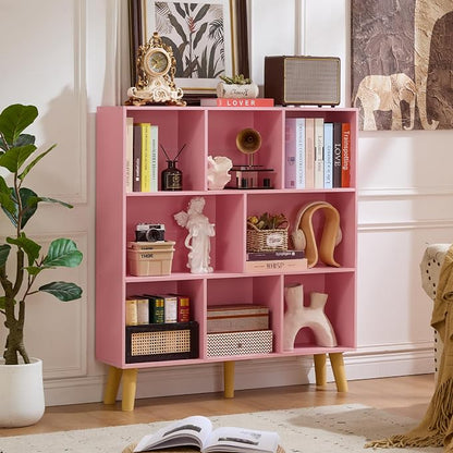 LEYAOYAO 8 Cube Bookshelf,3 Tier Bookcase with Legs,Light Pink Mid-Century Modern Bookshelves,Large Open Storage Organizer Shelf, Wooden Book Case