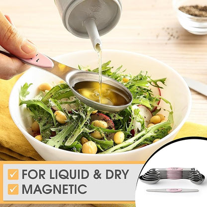 Spring Chef Stainless Steel Magnetic Measuring Spoons Set of 8 with Leveler, Dual Sided Teaspoon & Tablespoon Measuring Spoons with Strong Magnets, Kitchen Gadgets for Baking & Cooking - Pink Lemonade