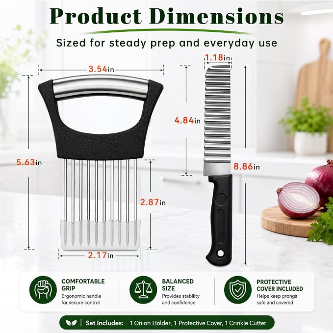Onion Holder for Slicing & Crinkle Cutter Knife, 2 Piece Kitchen Prep Tool Set, Stainless Steel Onion Slicer Prongs, Wavy Knife, Potato Cutter for Fries, Tomato, Cucumber, Carrot