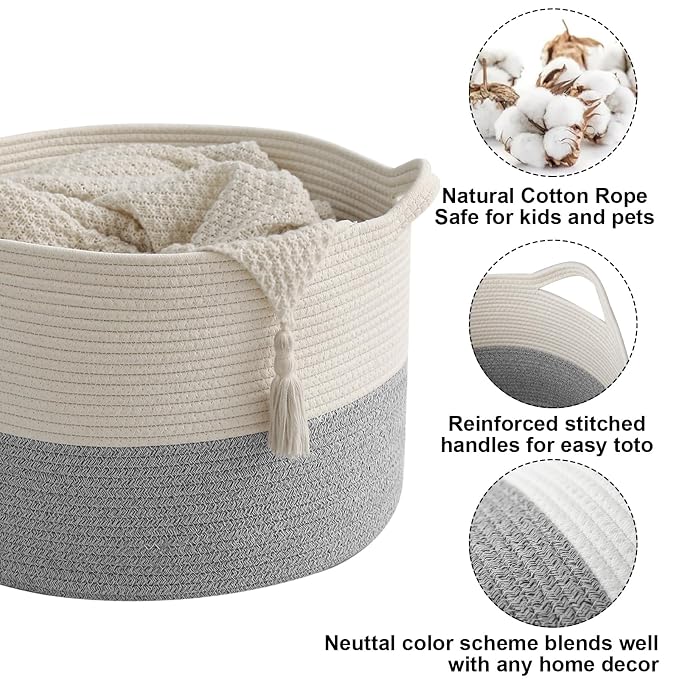 90L Extra Large Blanket Basket,Woven Rope Laundry Basket Hamper with Handles, Decorative Nursery Basket Storage Bin for Toys, Clothes Organizer, Living Room, Bedroom, Bathroom, White&Grey